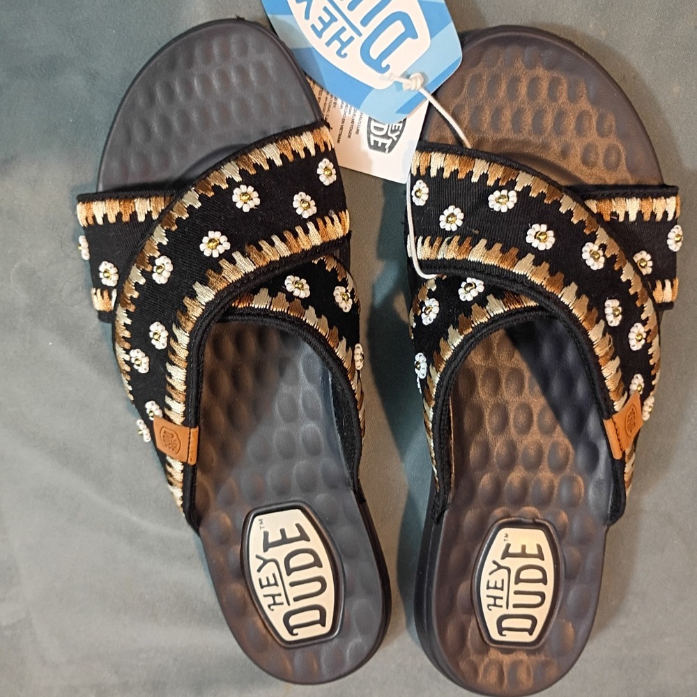 Hey Dude Christi Slide Embroidered Black Floral Beaded Sandals Womens Size 9